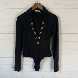 Mifresia Womens Long Sleeve Deep V-Neck Bodysuit Size Large Black Collared